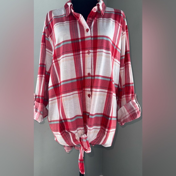 New York Laundry Tops - New York Laundry, Red & White Plaid Button Down Roll Tab Sleeve, Size 3X